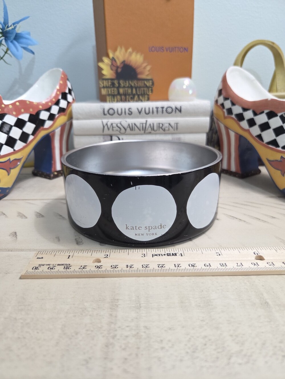 Kate Spade Art Dot Pet Bowl Black White Small 16 oz EUC